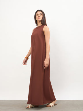Brown Solid Sleeveless A-Line Maxi Dress -SASSAFRAS