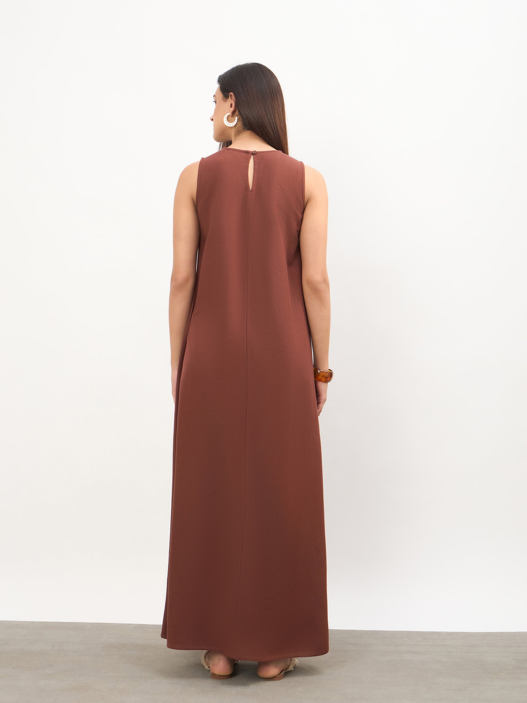 Brown Solid Sleeveless A-Line Maxi Dress -SASSAFRAS