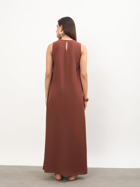Brown Solid Sleeveless A-Line Maxi Dress -SASSAFRAS