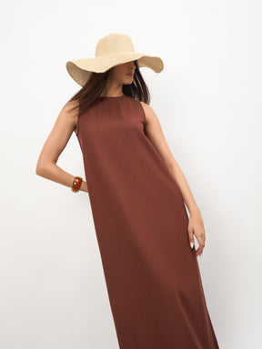 Brown Solid Sleeveless A-Line Maxi Dress -SASSAFRAS