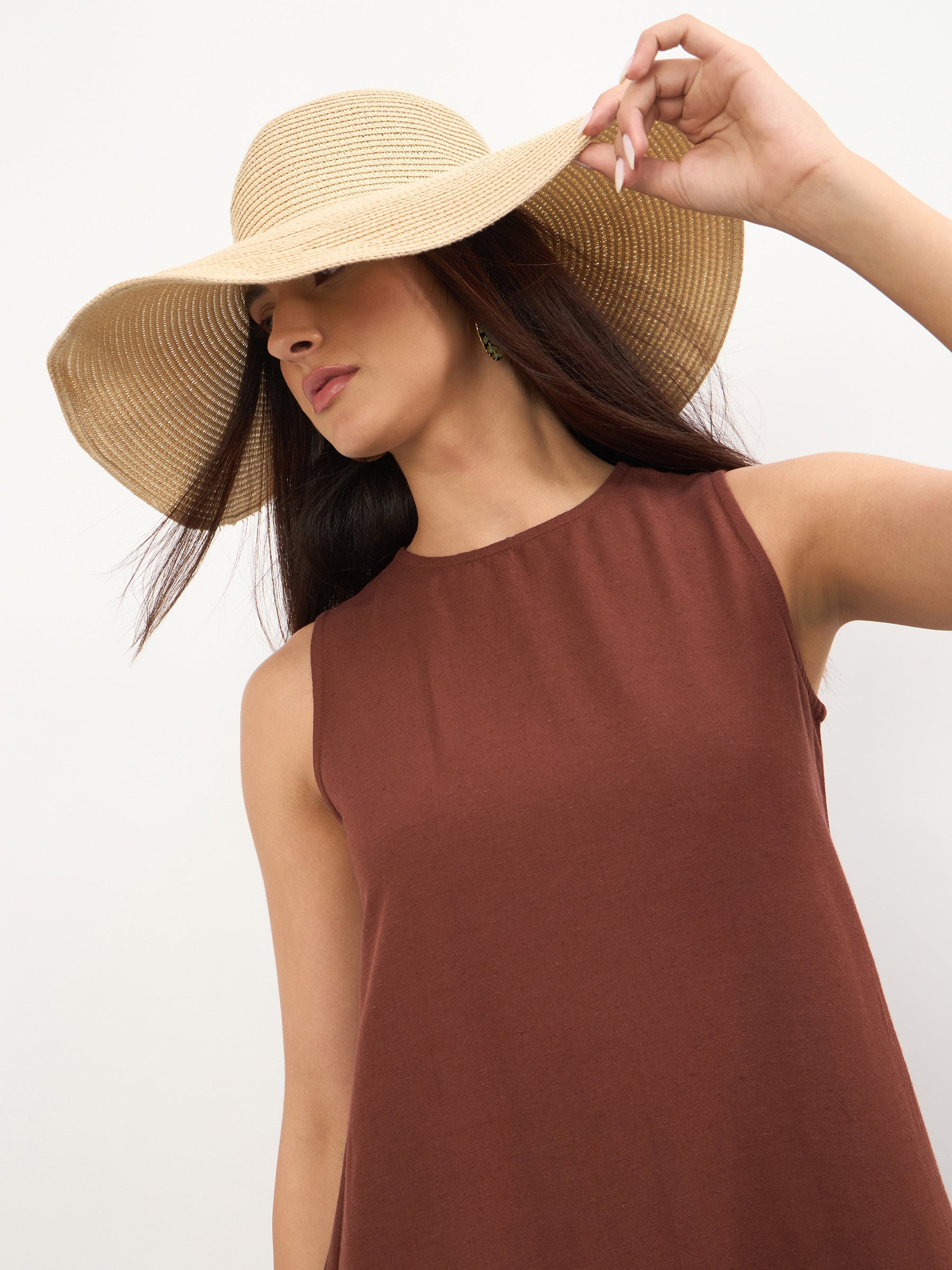 Women Brown Solid Sleeveless A-Line Maxi Dress