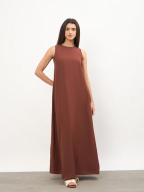 Women Brown Solid Sleeveless A-Line Maxi Dress