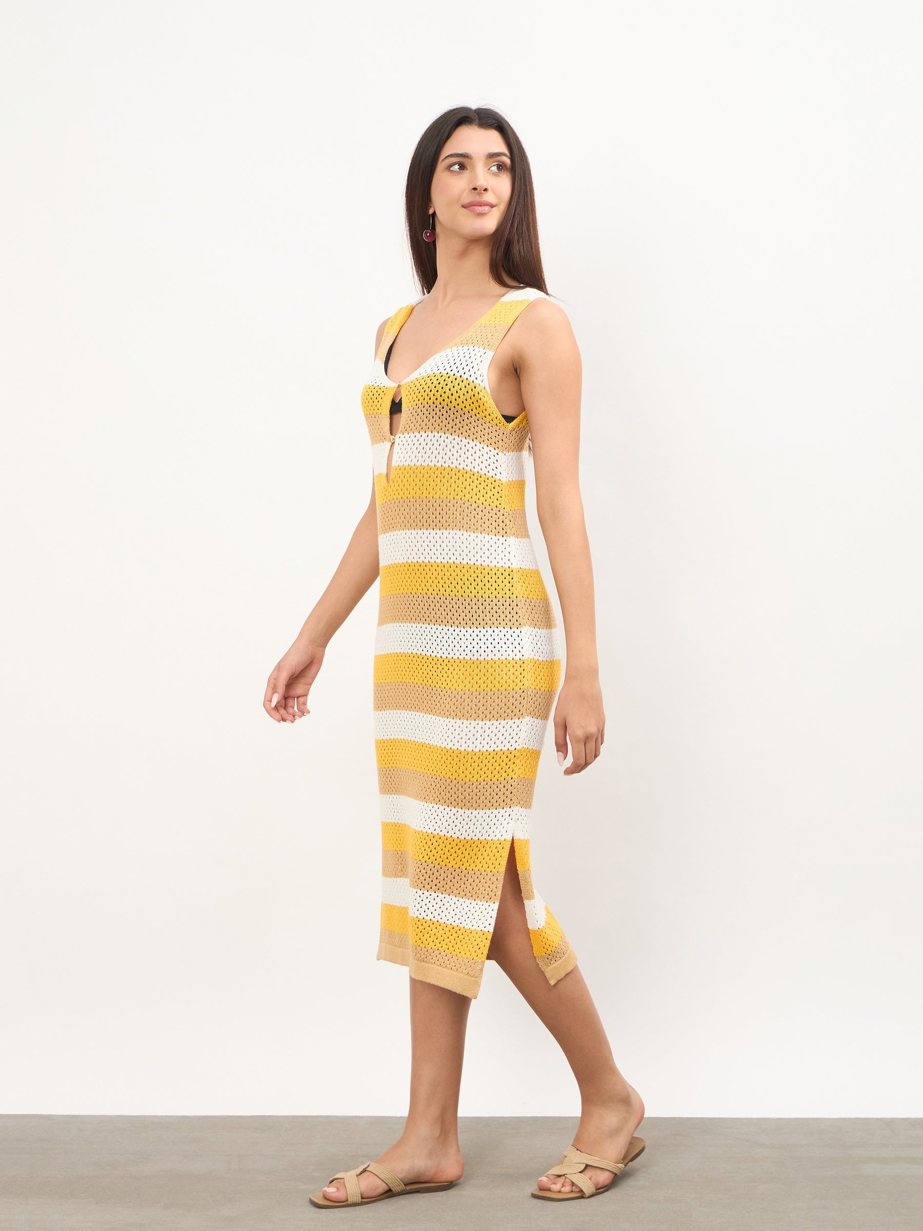 Mustard Crochet Sleeveless Beach Midi Dress-SASSAFRAS