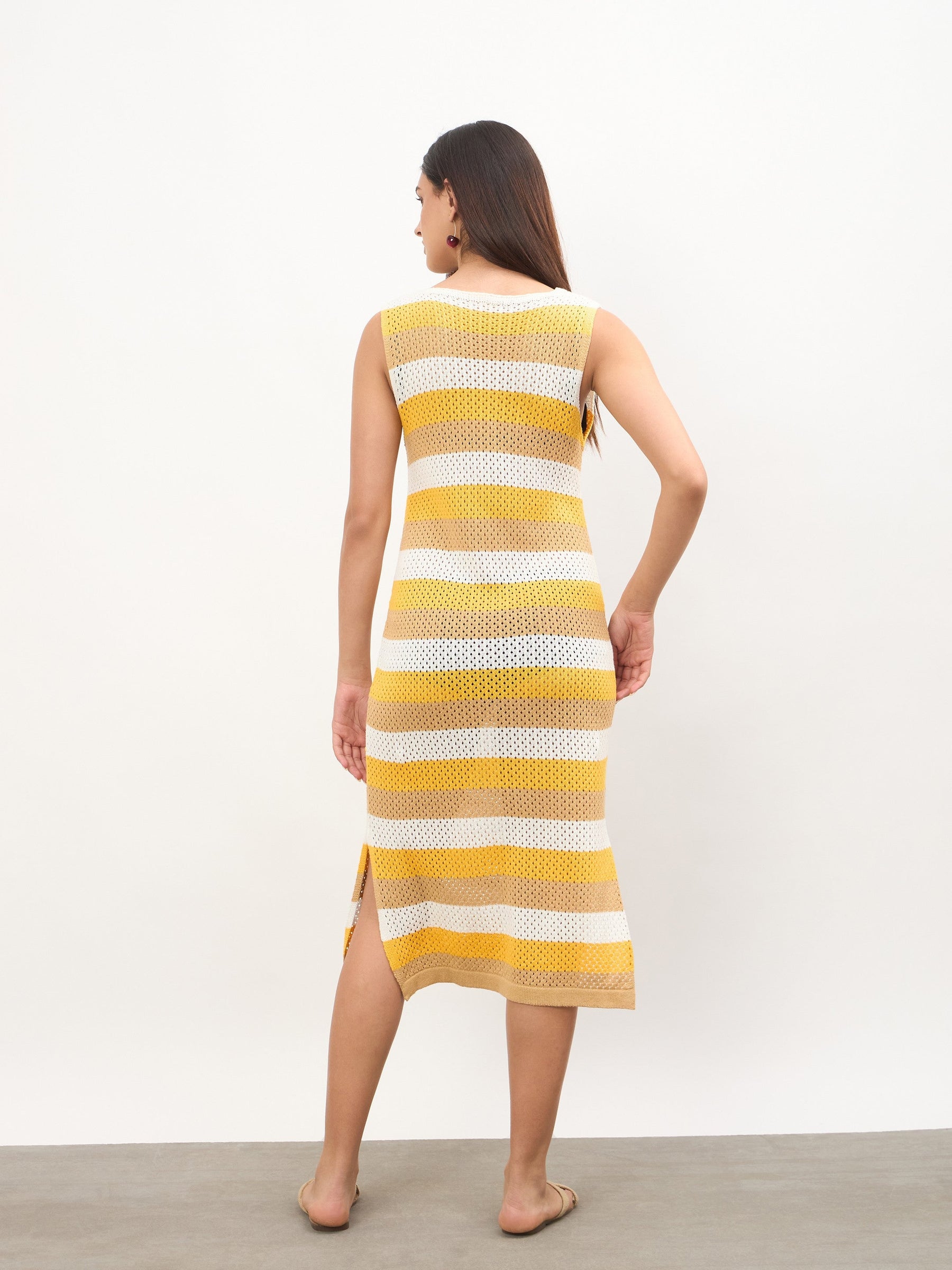Women Mustard Crochet Sleeveless Beach Midi Dress