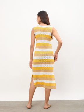 Women Mustard Crochet Sleeveless Beach Midi Dress