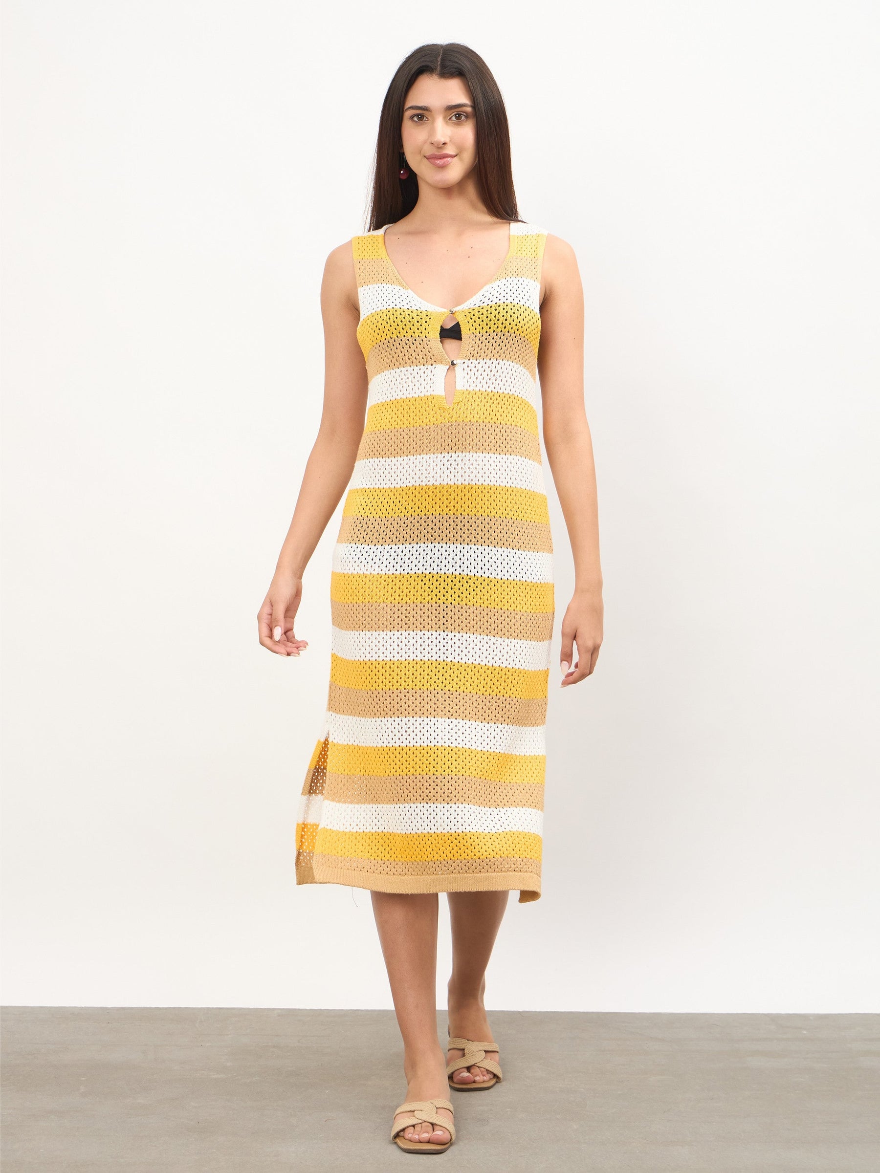 Women Mustard Crochet Sleeveless Beach Midi Dress