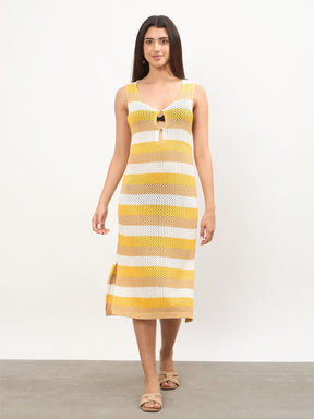 Women Mustard Crochet Sleeveless Beach Midi Dress