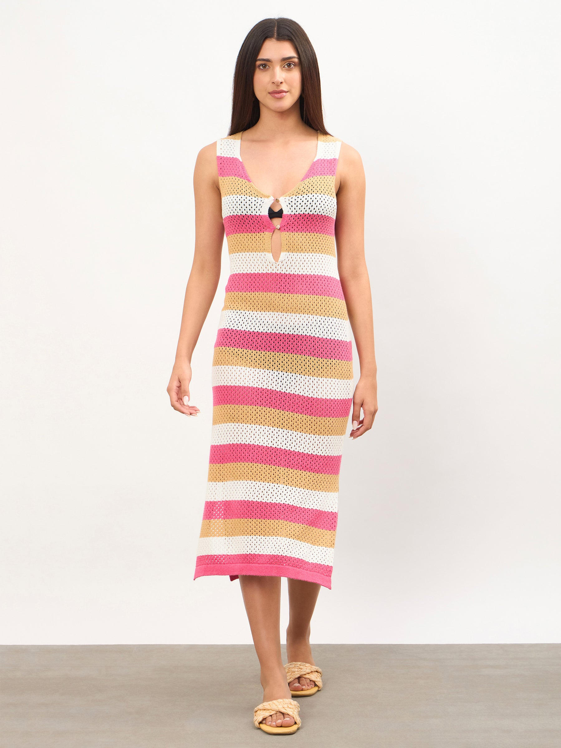 Pink Crochet Sleeveless Beach Midi Dress-SASSAFRAS