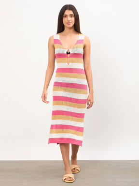 Pink Crochet Sleeveless Beach Midi Dress-SASSAFRAS