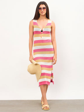 Women Pink Crochet Sleeveless Beach Midi Dress