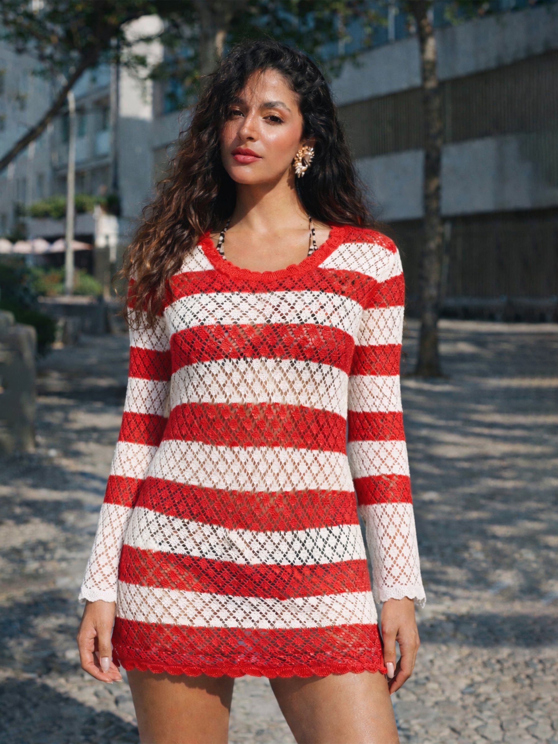 Buy Women Red & White Crochet Full Sleeve Short Beach Dress Online at Best Price - Sassafras Buy Women Red & White Crochet Full Sleeve Short Beach Dress Online at Best Price - Sassafras