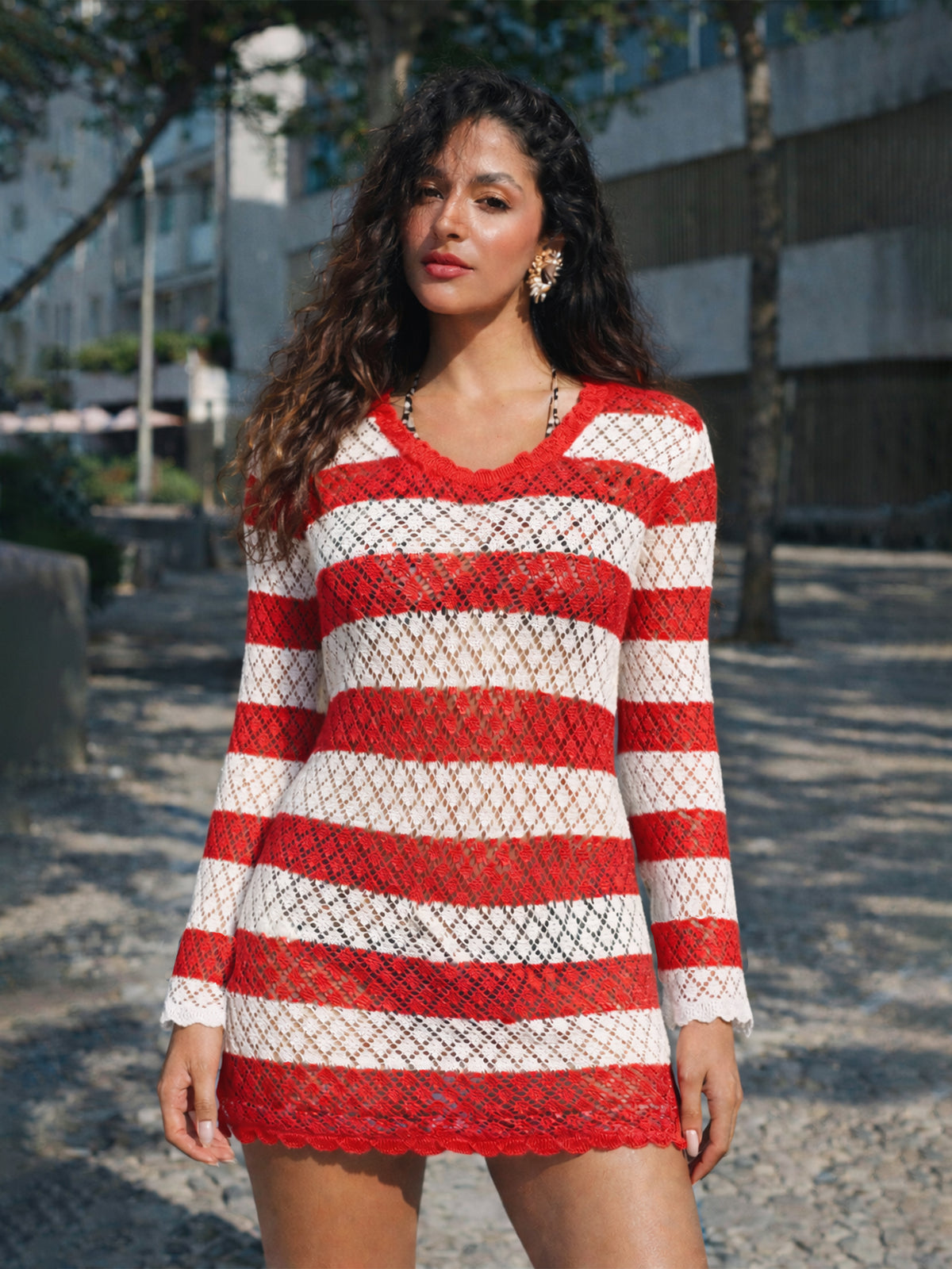 Women Red & White Crochet Full Sleeve Short Beach Dress