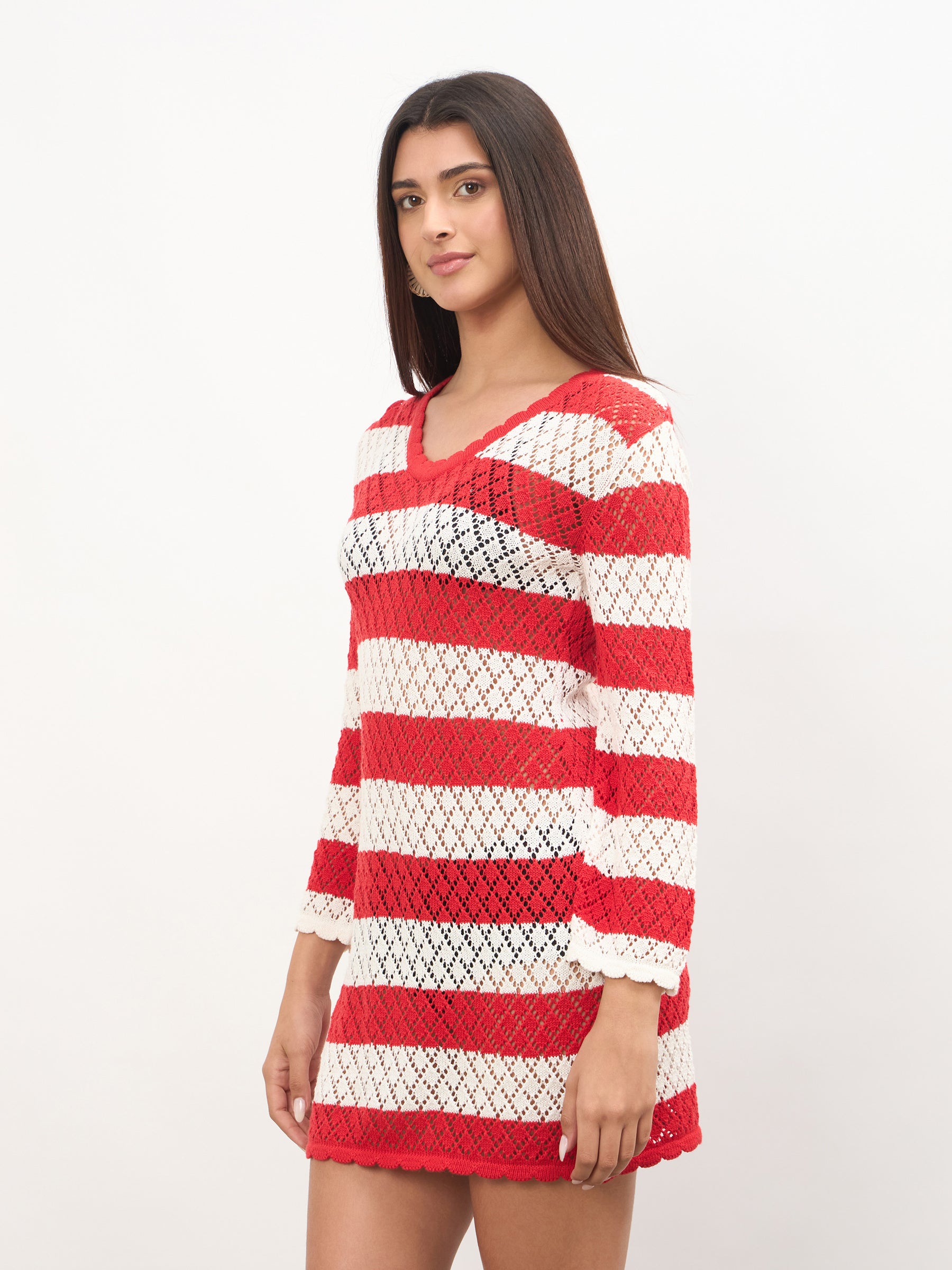 Red & White Crochet Full Sleeve Short Beach Dress-SASSAFRAS