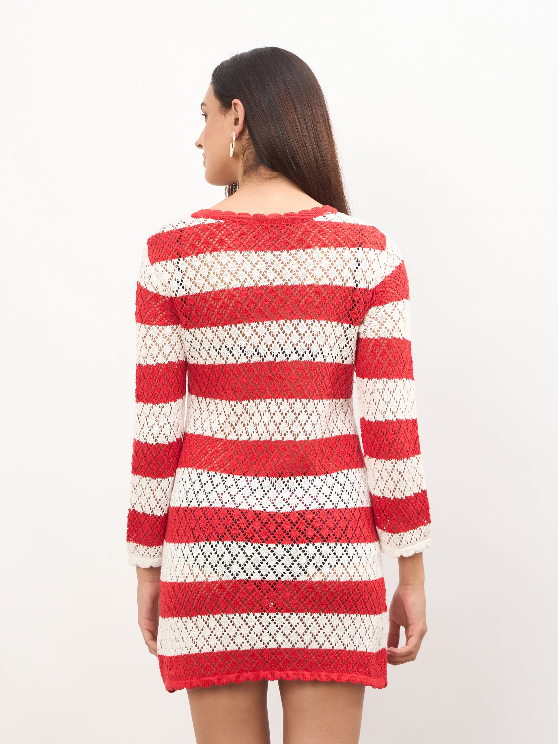 Red & White Crochet Full Sleeve Short Beach Dress-SASSAFRAS