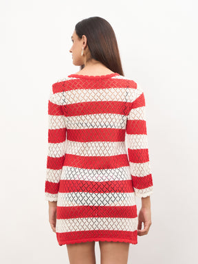 Red & White Crochet Full Sleeve Short Beach Dress-SASSAFRAS