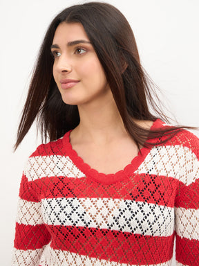 Women Red & White Crochet Full Sleeve Short Beach Dress