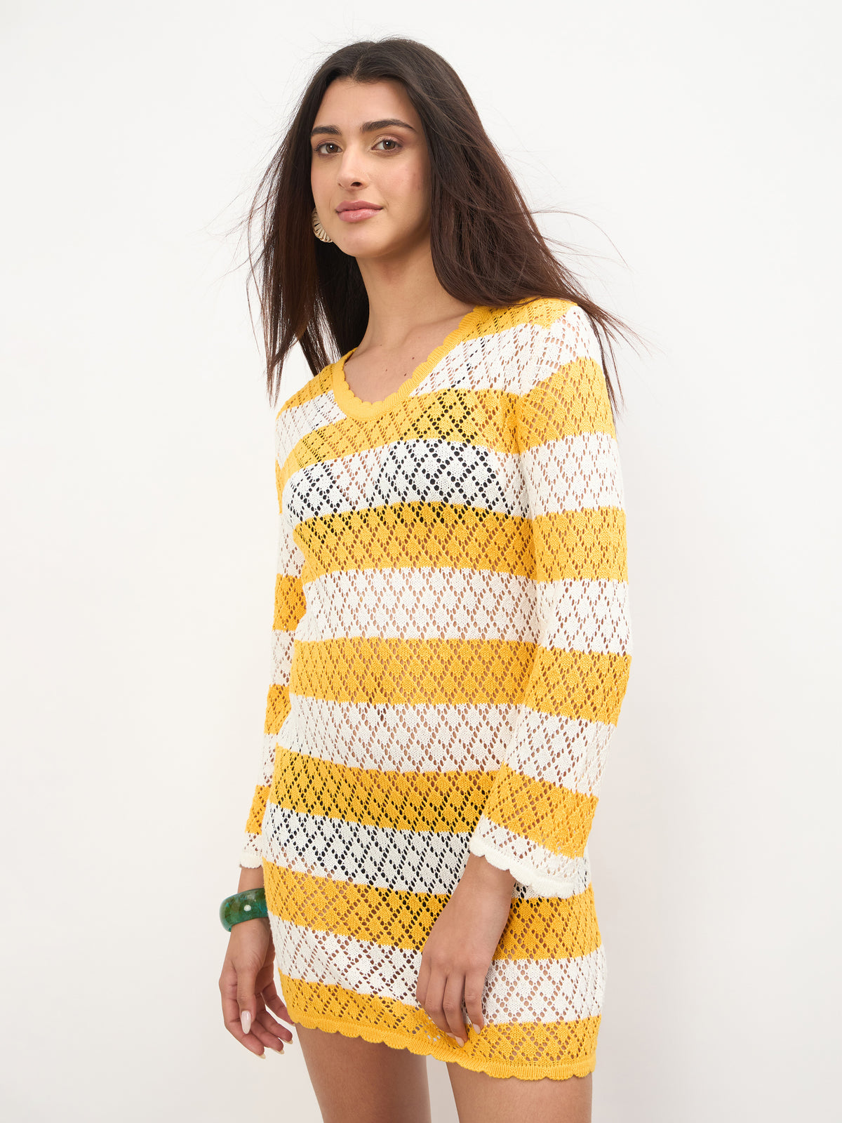 Mustard & White Crochet Full Sleeve Short Beach Dress-SASSAFRAS