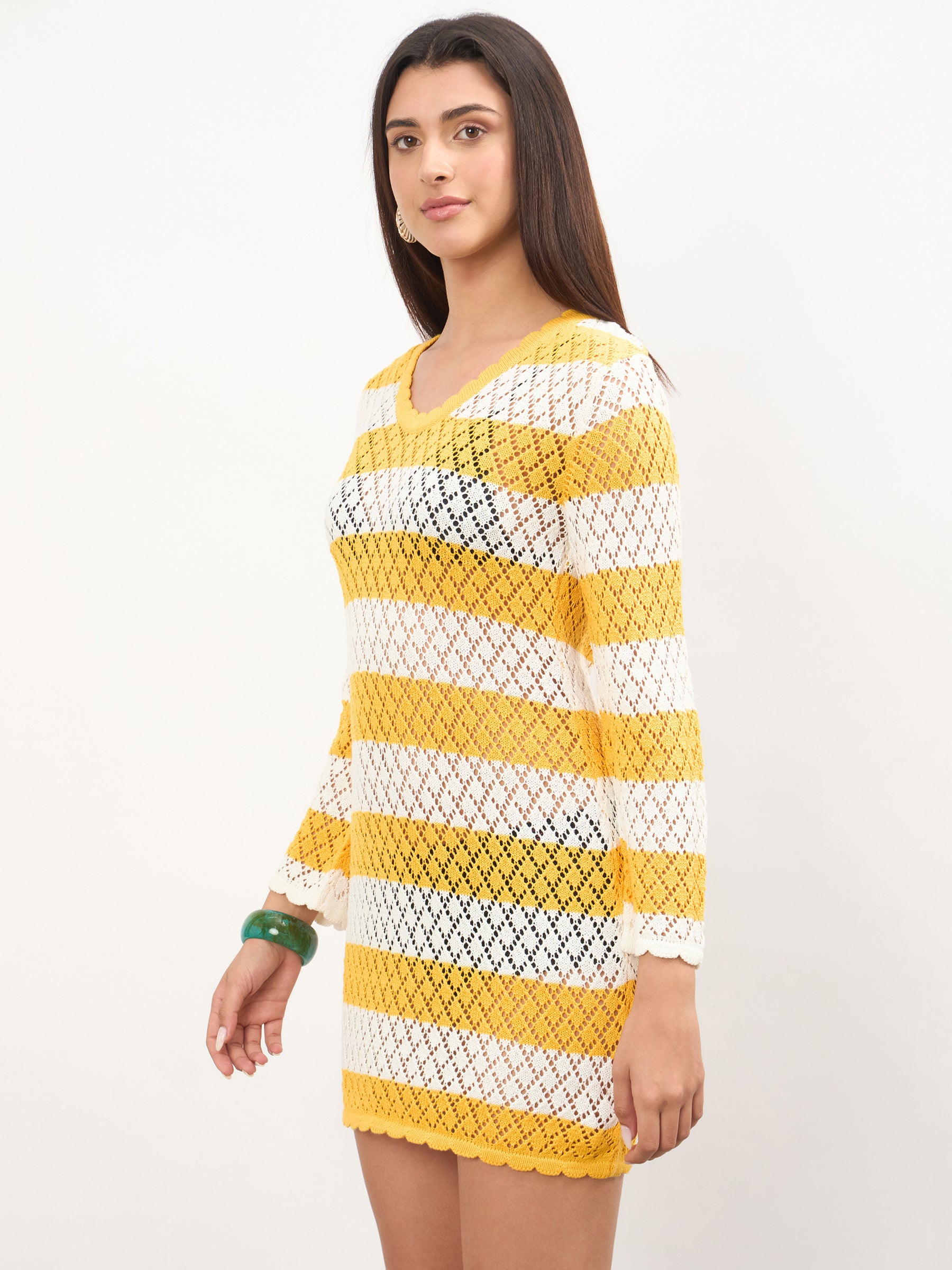 Mustard & White Crochet Full Sleeve Short Beach Dress-SASSAFRAS