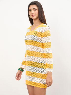 Mustard & White Crochet Full Sleeve Short Beach Dress-SASSAFRAS