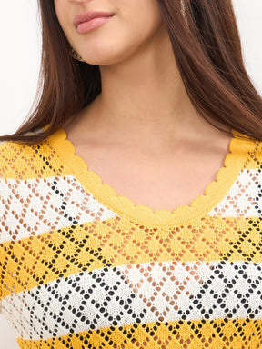 Mustard & White Crochet Full Sleeve Short Beach Dress-SASSAFRAS