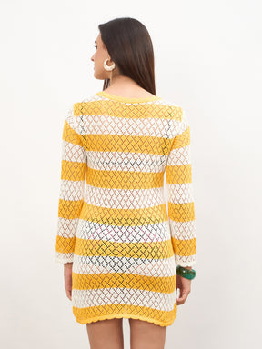 Mustard & White Crochet Full Sleeve Short Beach Dress-SASSAFRAS