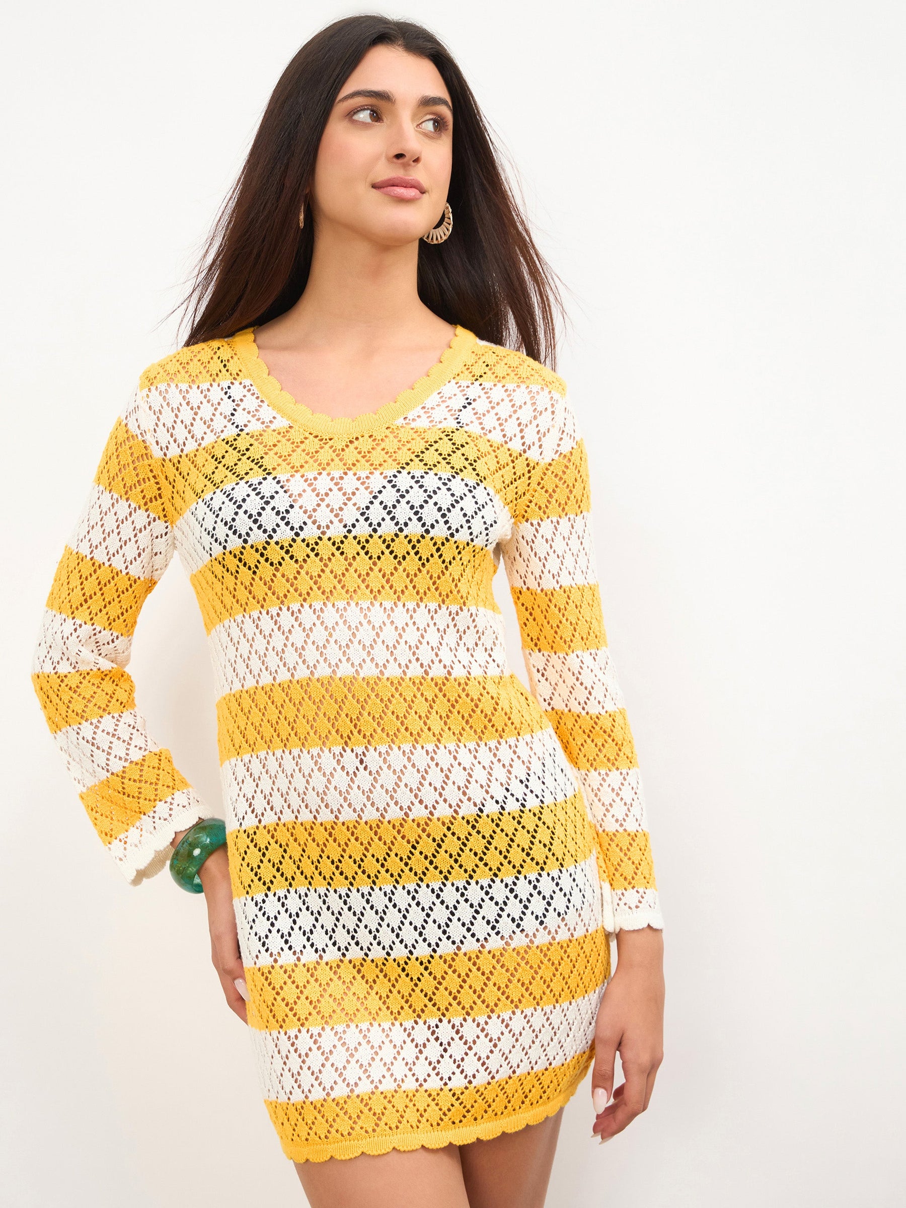 Women Mustard & White Crochet Full Sleeve Short Beach Dress