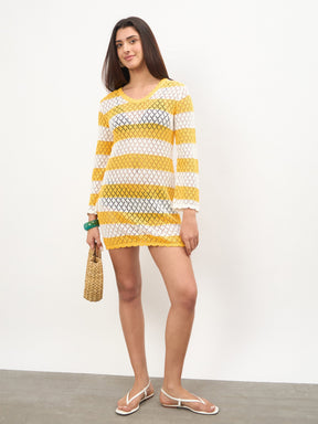 Women Mustard & White Crochet Full Sleeve Short Beach Dress