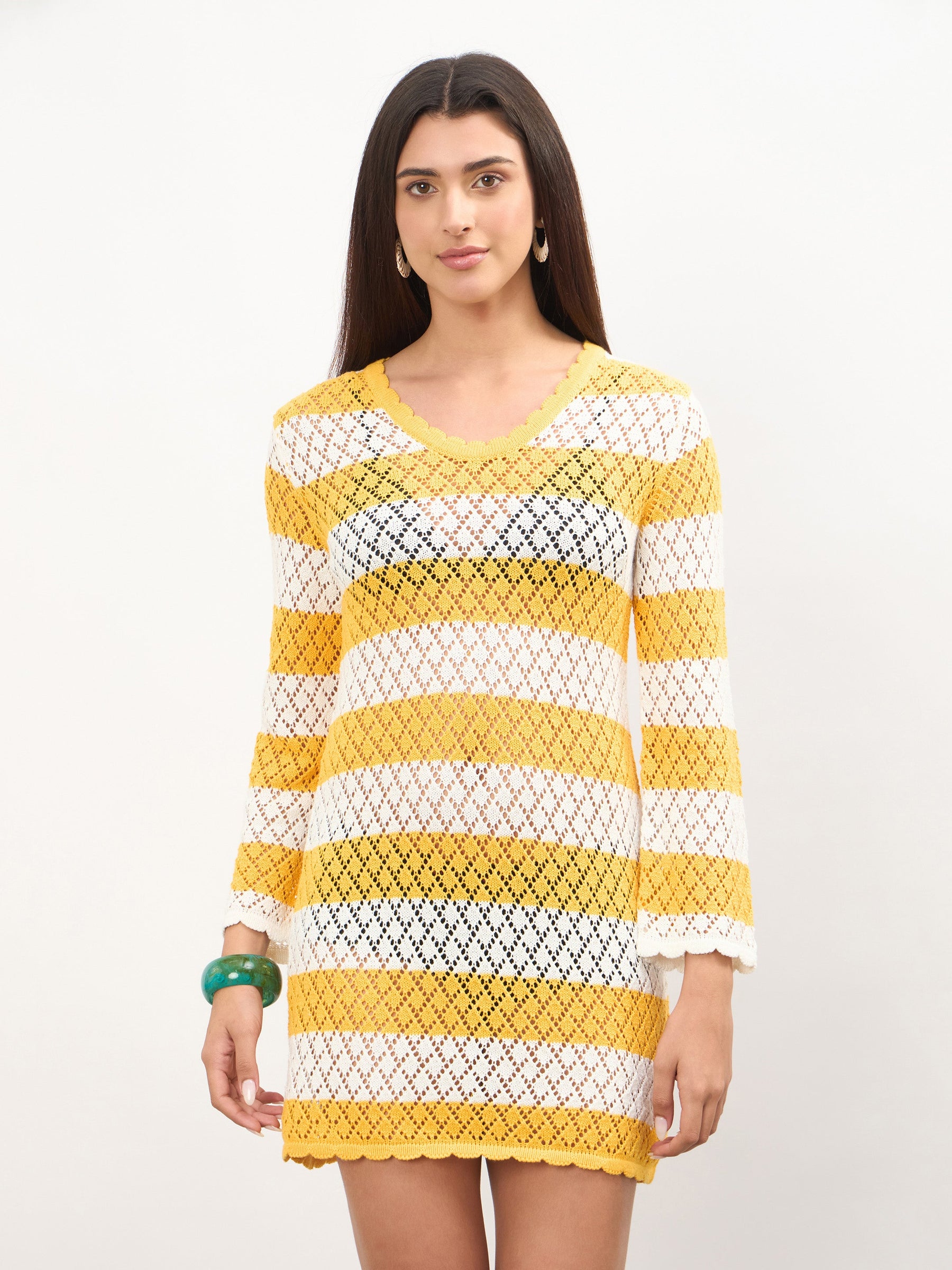 Women Mustard & White Crochet Full Sleeve Short Beach Dress