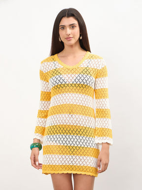 Women Mustard & White Crochet Full Sleeve Short Beach Dress
