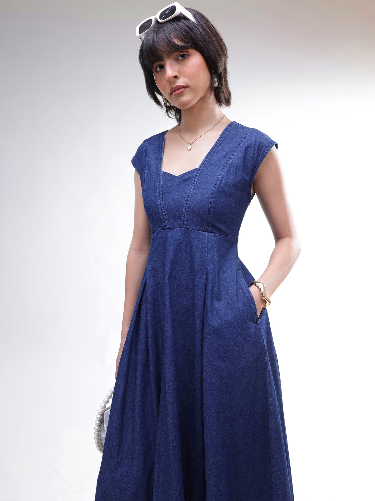 Navy Denim Sweetheart Neck A-Line Midi Dress-SASSAFRAS