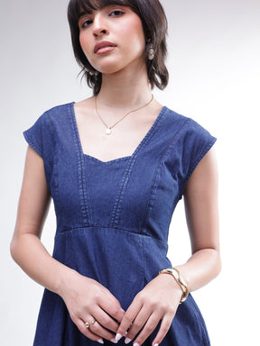 Navy Denim Sweetheart Neck A-Line Midi Dress-SASSAFRAS