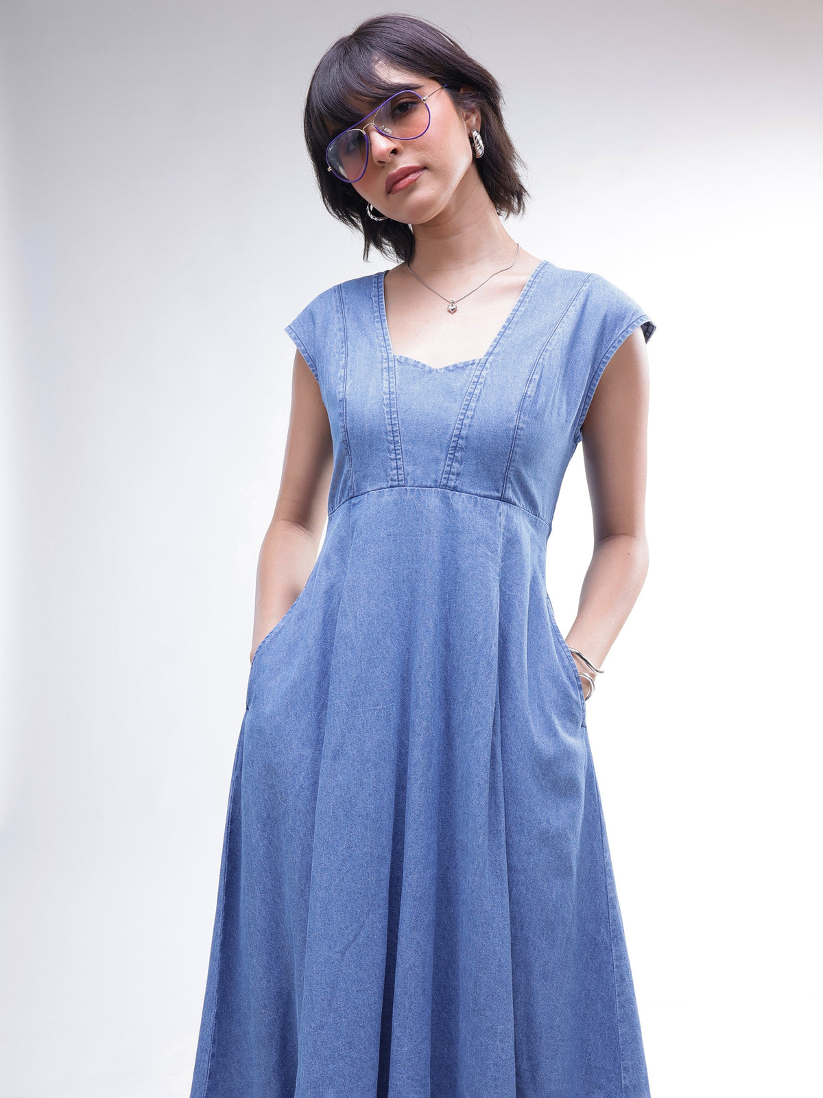 Blue Denim Sweetheart Neck A-Line Midi Dress-SASSAFRAS