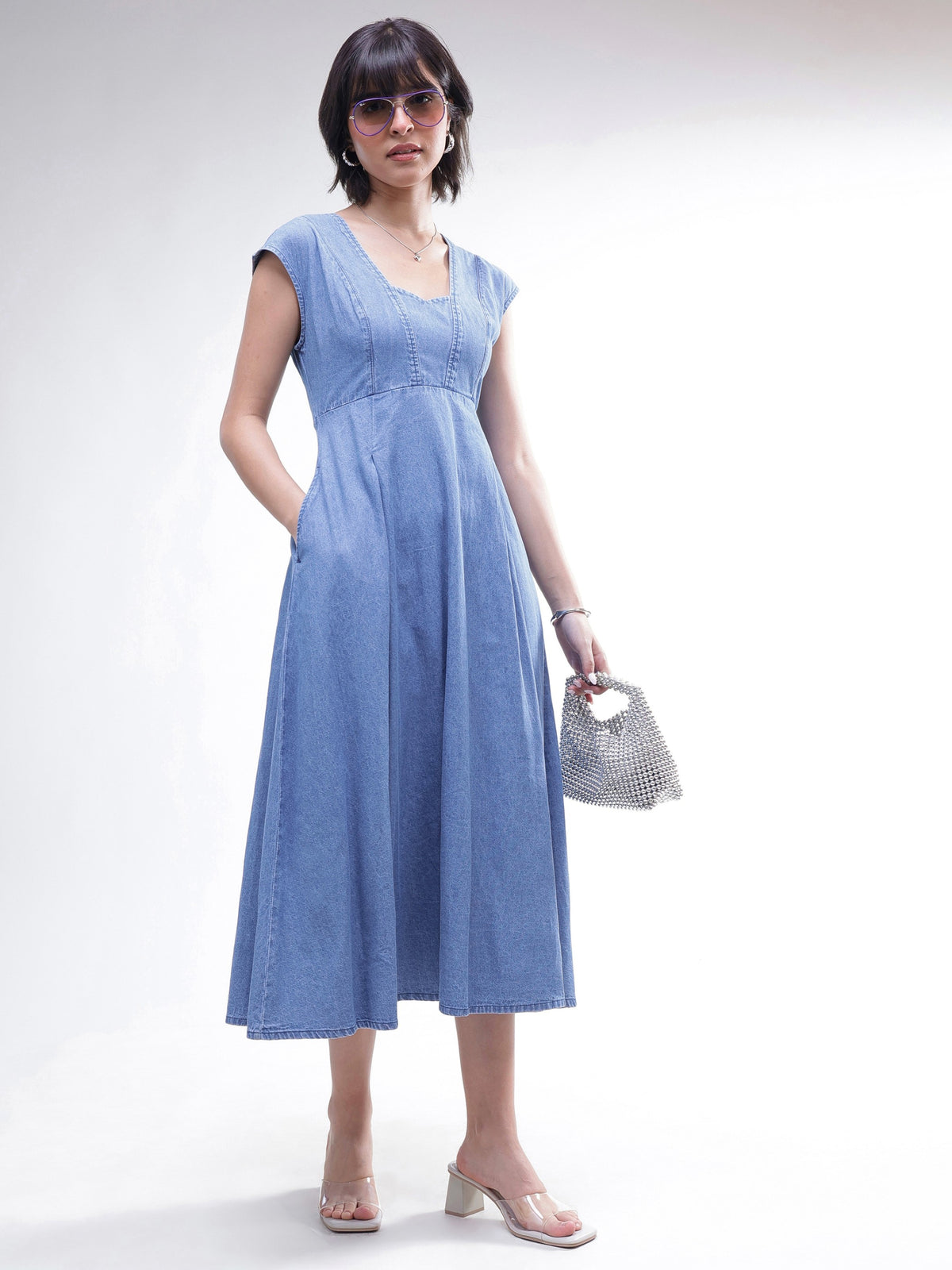 Blue Denim Sweetheart Neck A-Line Midi Dress-SASSAFRAS