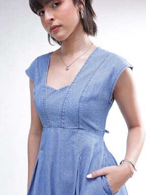 Blue Denim Sweetheart Neck A-Line Midi Dress-SASSAFRAS