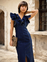 Navy V Neck Front Ruffle Midi Dress -SASSAFRAS