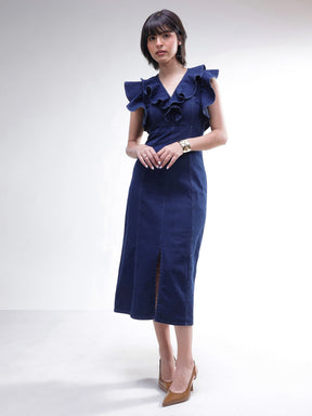 Navy V Neck Front Ruffle Midi Dress -SASSAFRAS