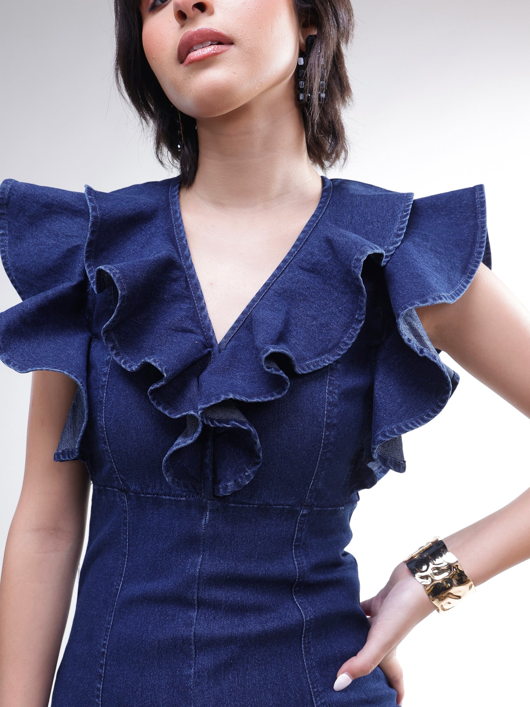 Navy V Neck Front Ruffle Midi Dress -SASSAFRAS