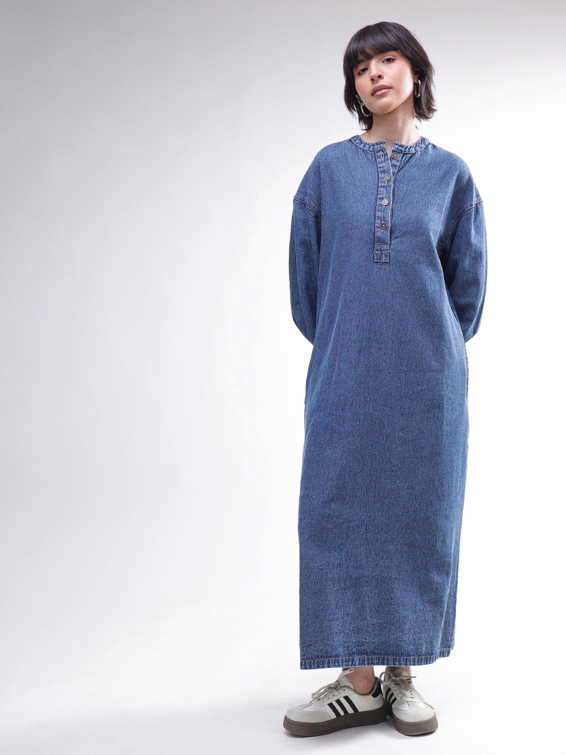 Blue Denim Oversized Full Sleeves Maxi Dress-SASSAFRAS