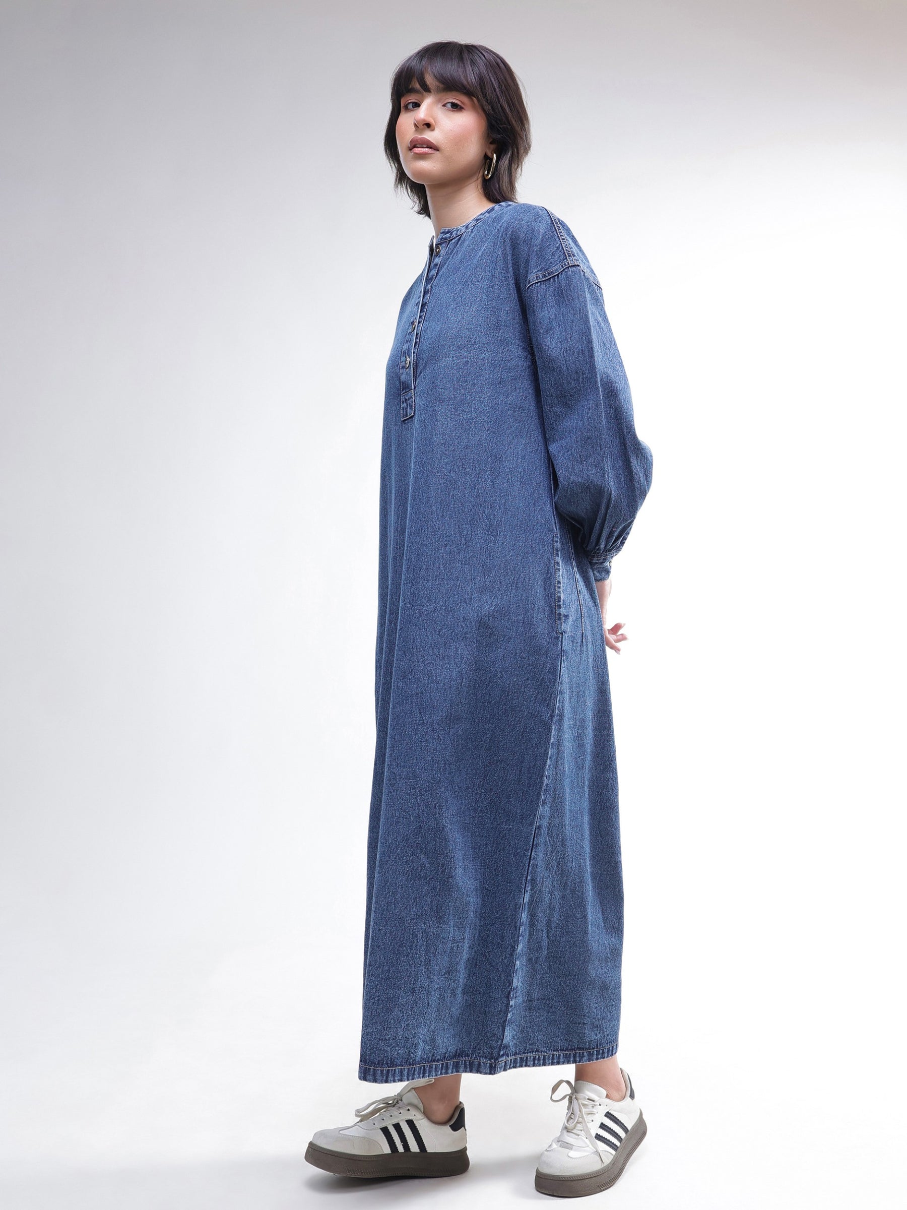 Blue Denim Oversized Full Sleeves Maxi Dress-SASSAFRAS