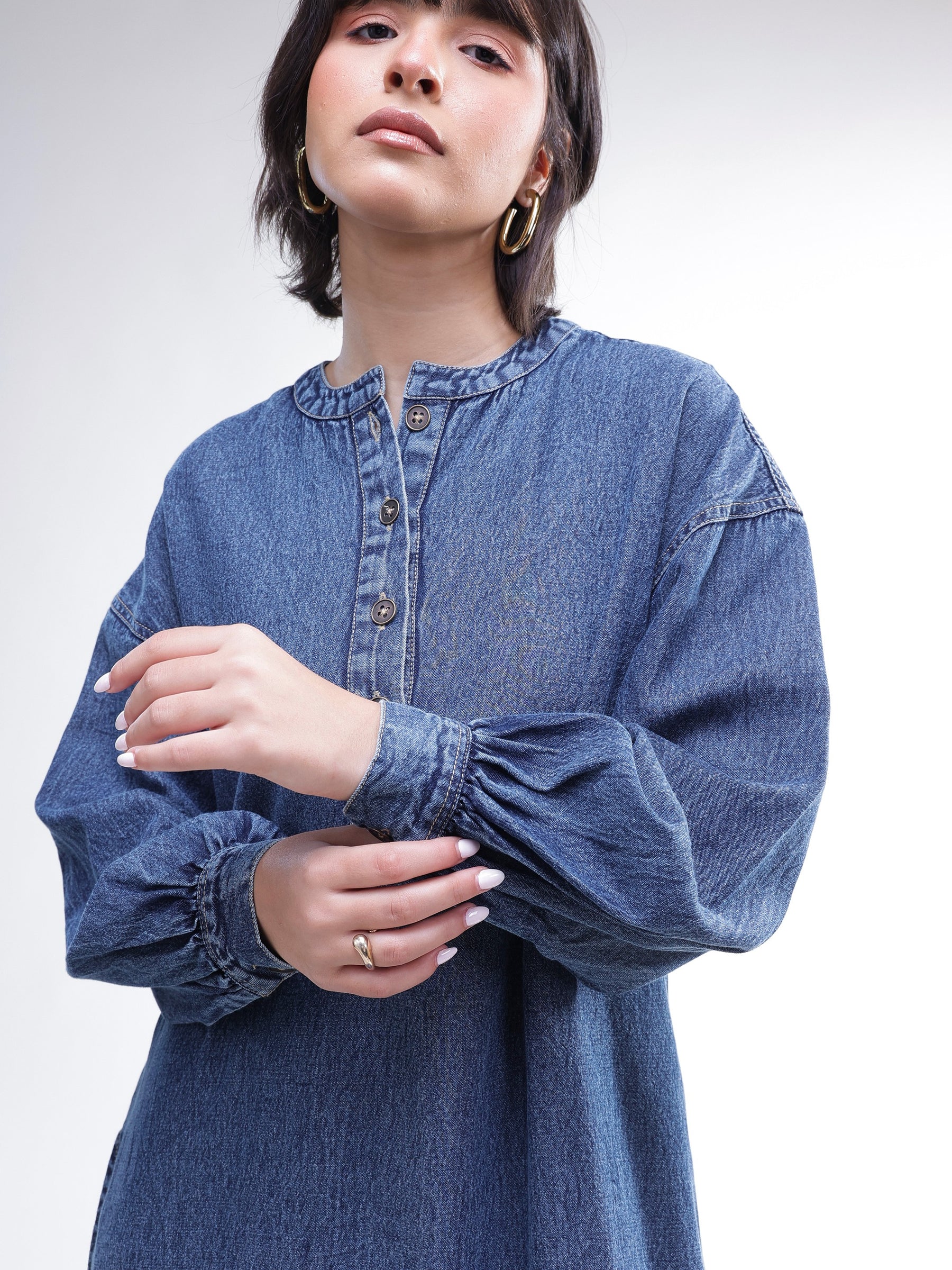 Blue Denim Oversized Full Sleeves Maxi Dress-SASSAFRAS