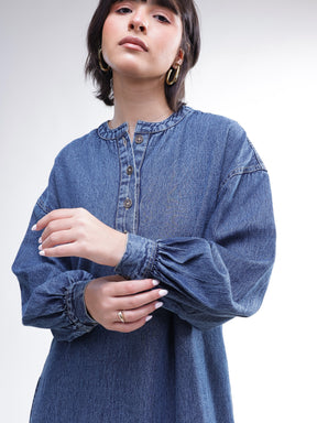 Blue Denim Oversized Full Sleeves Maxi Dress-SASSAFRAS