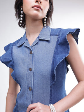 Blue Colour Block Denim Button Down Midi Dress -SASSAFRAS