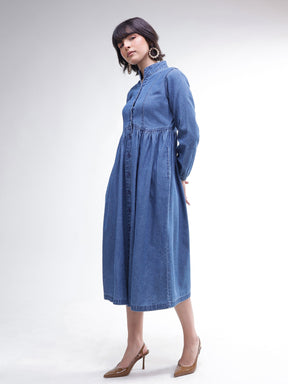 Blue Denim Front Button A-Line Midi Dress-SASSAFRAS