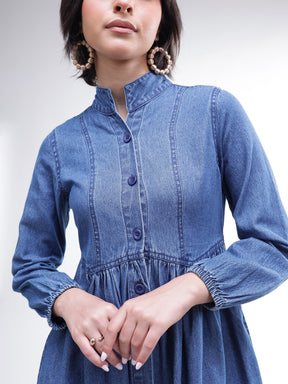 Blue Denim Front Button A-Line Midi Dress-SASSAFRAS