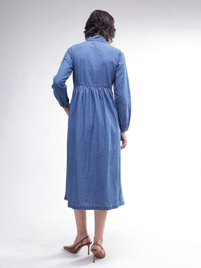 Blue Denim Front Button A-Line Midi Dress-SASSAFRAS
