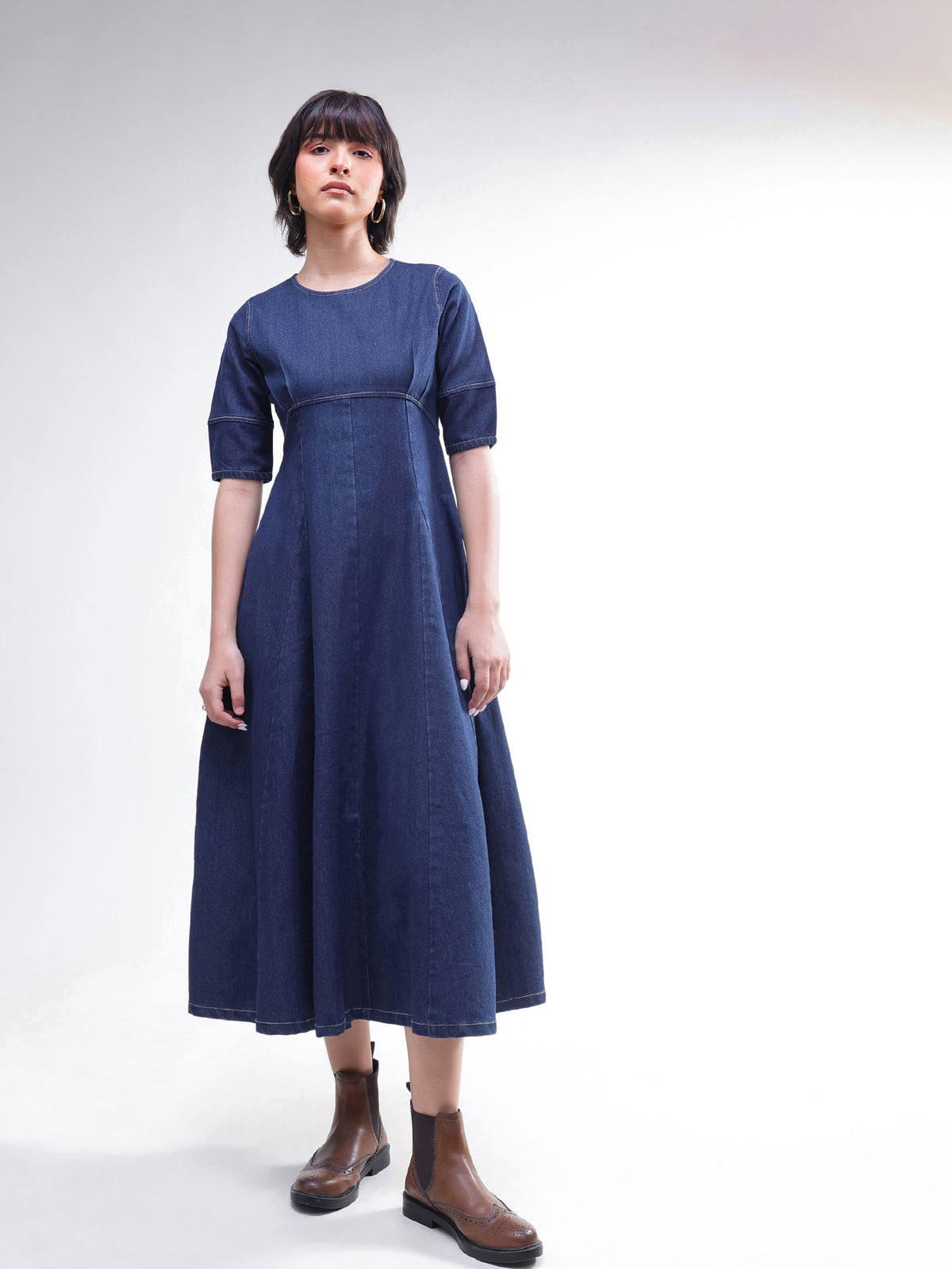 Navy Denim Short Sleeves Midi Dress-SASSAFRAS