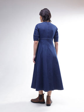 Navy Denim Short Sleeves Midi Dress-SASSAFRAS