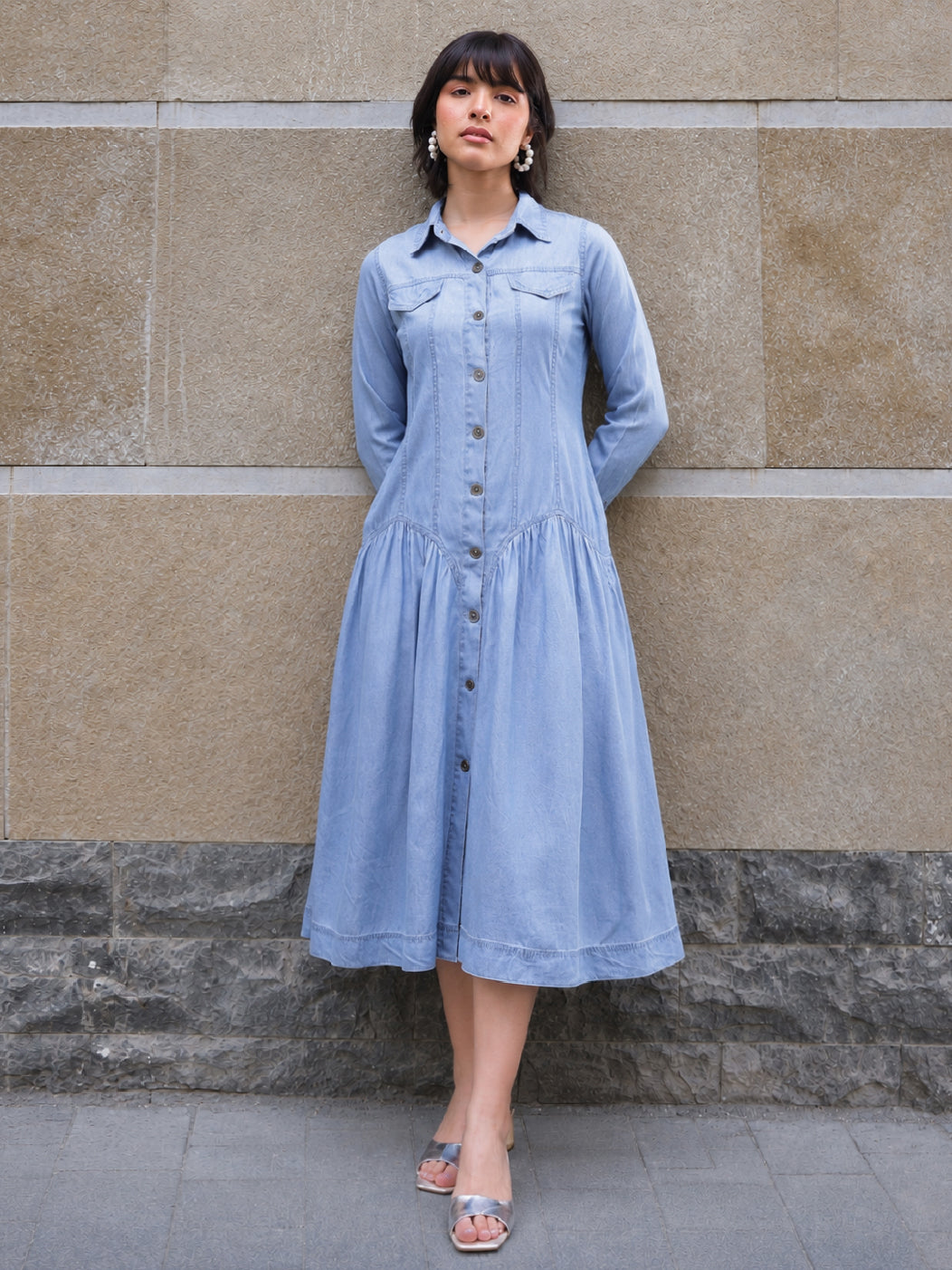 Blue Tencel Drop Waist Full Sleeve Maxi Dress-SASSAFRAS