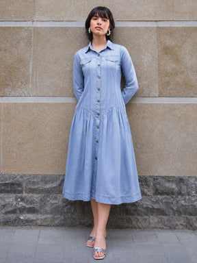 Blue Tencel Drop Waist Full Sleeve Maxi Dress-SASSAFRAS
