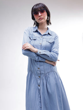 Blue Tencel Drop Waist Full Sleeve Maxi Dress-SASSAFRAS
